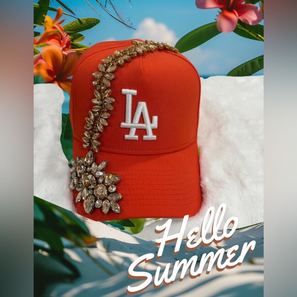 Red and White LA Baseball Hat with Metallic Embellishments